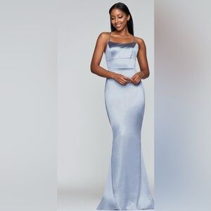 Faviana Strappy S10375 Plunging Back Laced Gown w Sweep Train in Frost Blue